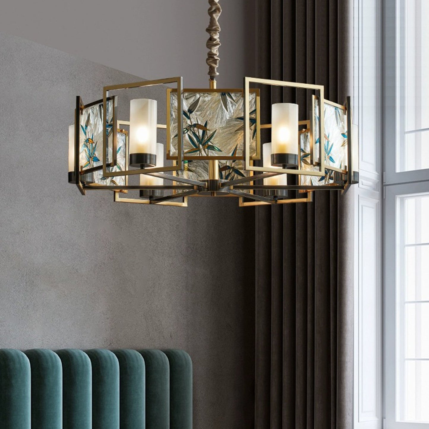Traditional Chinese Dome Block Enamel Iron Copper Glass 6 - Light Chandelier For Dining Room