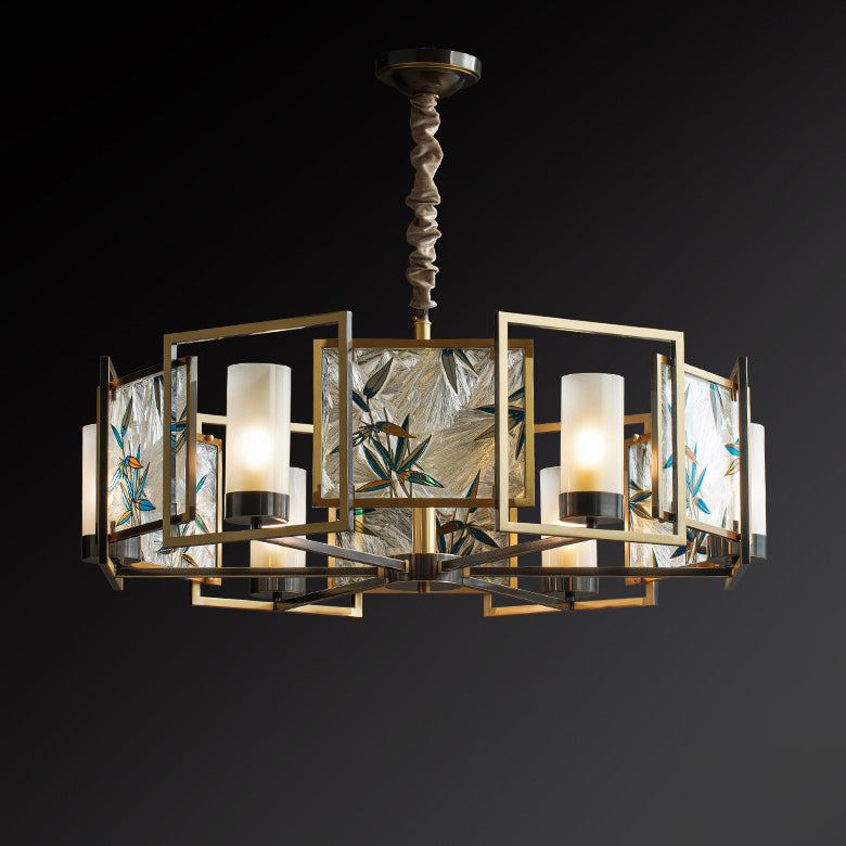 Traditional Chinese Dome Block Enamel Iron Copper Glass 6 - Light Chandelier For Dining Room