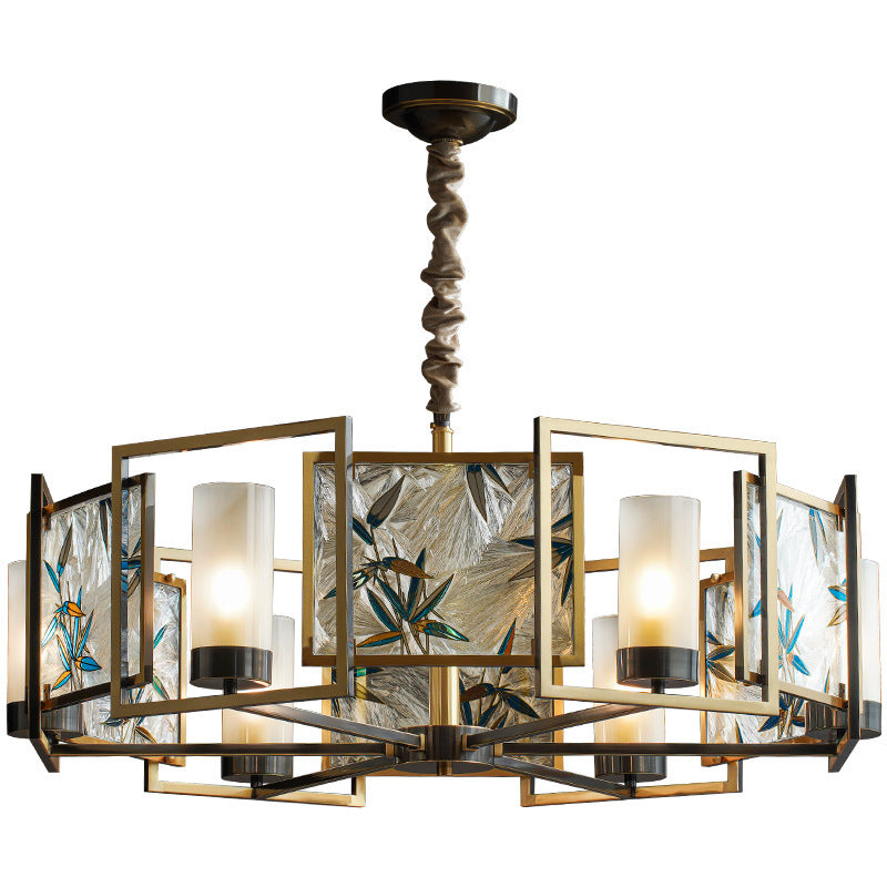 Traditional Chinese Dome Block Enamel Iron Copper Glass 6 - Light Chandelier For Dining Room