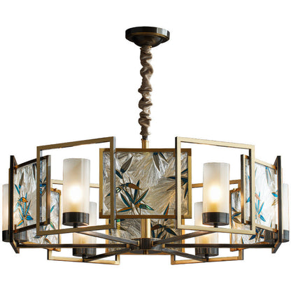 Traditional Chinese Dome Block Enamel Iron Copper Glass 6 - Light Chandelier For Dining Room