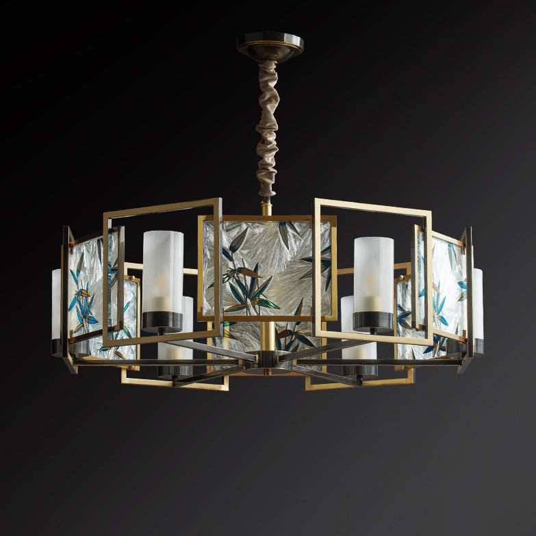 Traditional Chinese Dome Block Enamel Iron Copper Glass 6 - Light Chandelier For Dining Room