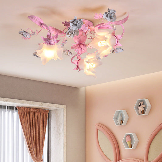Contemporary Nordic Dome Branches Flowers Glass Crystal Iron 3 - Light Semi-Flush Mount Ceiling Light For Bedroom