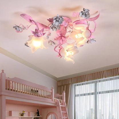 Contemporary Nordic Dome Branches Flowers Glass Crystal Iron 3 - Light Semi-Flush Mount Ceiling Light For Bedroom