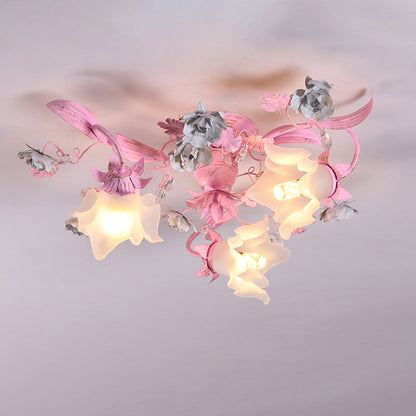 Contemporary Nordic Dome Branches Flowers Glass Crystal Iron 3 - Light Semi-Flush Mount Ceiling Light For Bedroom