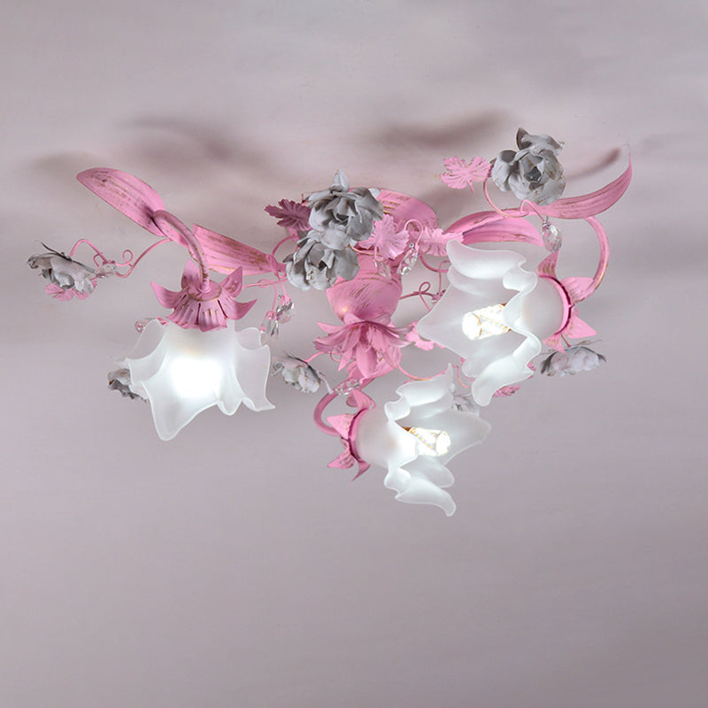 Contemporary Nordic Dome Branches Flowers Glass Crystal Iron 3 - Light Semi-Flush Mount Ceiling Light For Bedroom