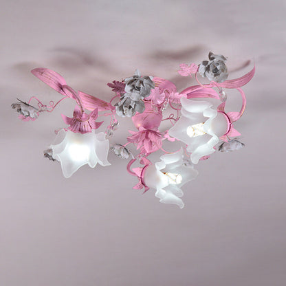 Contemporary Nordic Dome Branches Flowers Glass Crystal Iron 3 - Light Semi-Flush Mount Ceiling Light For Bedroom