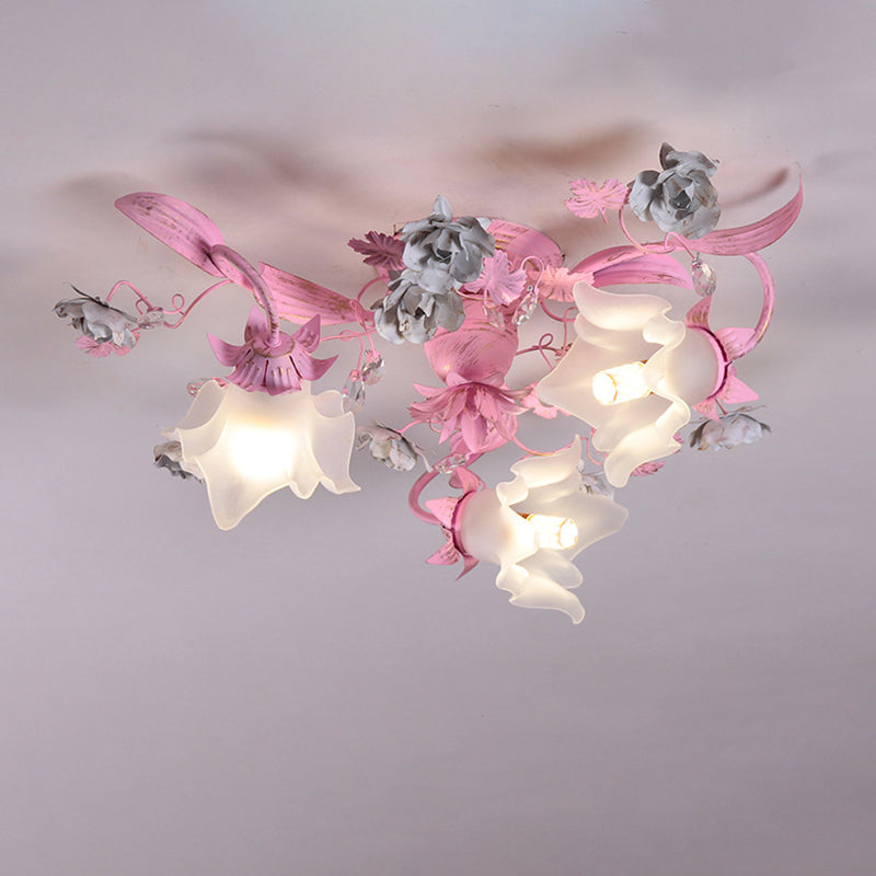 Contemporary Nordic Dome Branches Flowers Glass Crystal Iron 3 - Light Semi-Flush Mount Ceiling Light For Bedroom