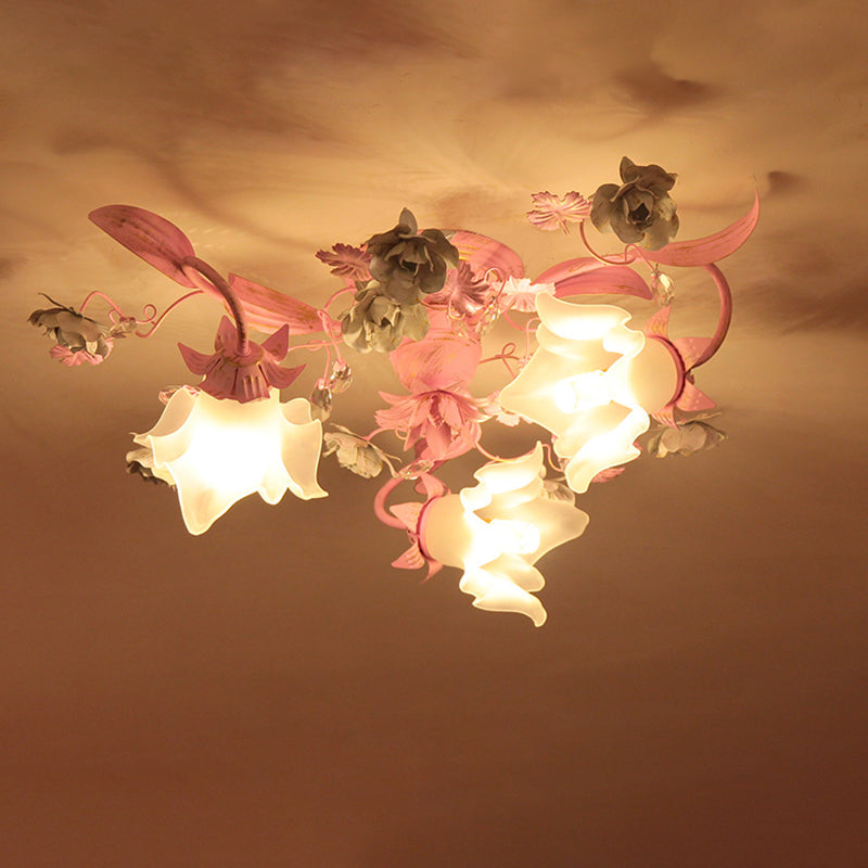 Contemporary Nordic Dome Branches Flowers Glass Crystal Iron 3 - Light Semi-Flush Mount Ceiling Light For Bedroom