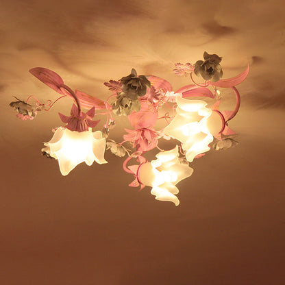 Contemporary Nordic Dome Branches Flowers Glass Crystal Iron 3 - Light Semi-Flush Mount Ceiling Light For Bedroom