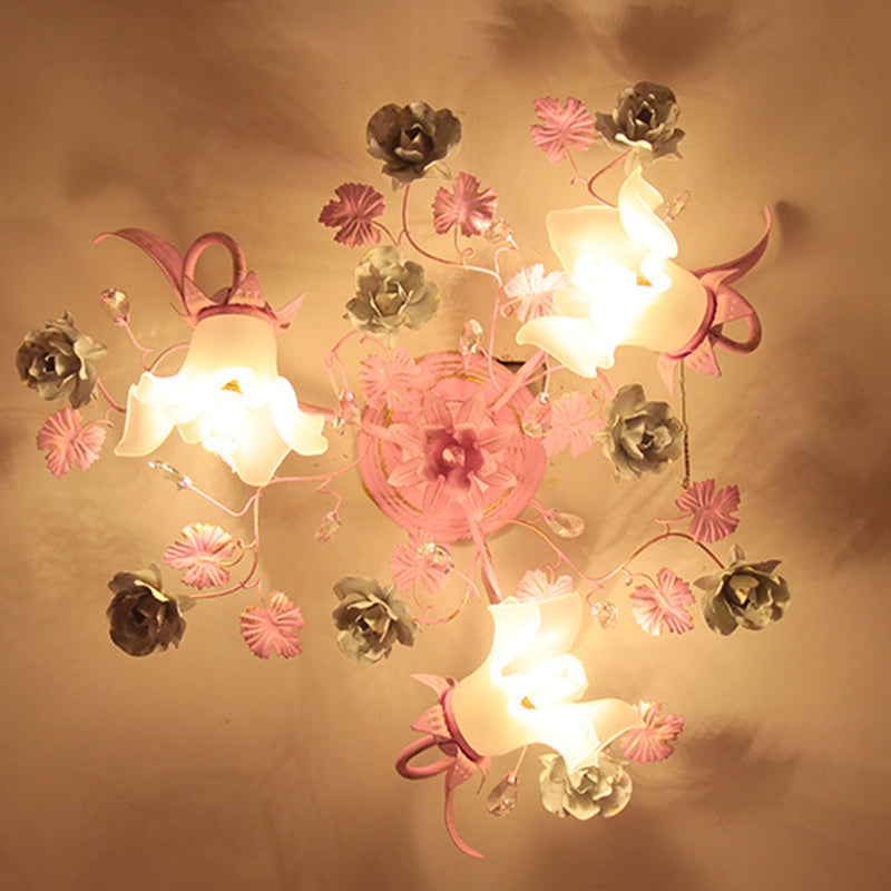 Contemporary Nordic Dome Branches Flowers Glass Crystal Iron 3 - Light Semi-Flush Mount Ceiling Light For Bedroom