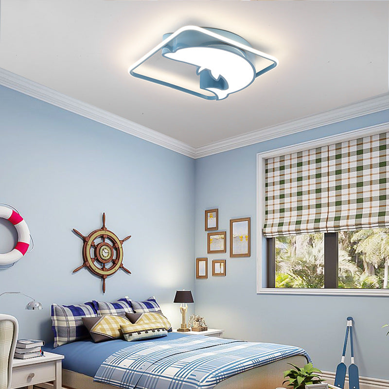 Contemporary Creative Square Dolphin Iron Acrylic LED Flush Mount Ceiling Light For Bedroom