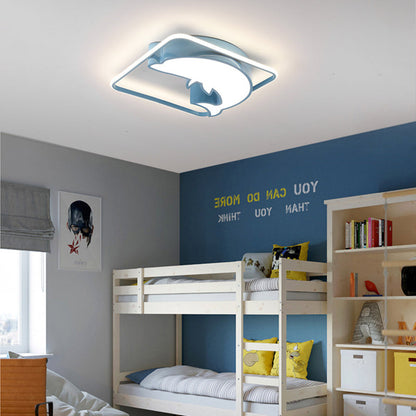 Contemporary Creative Square Dolphin Iron Acrylic LED Flush Mount Ceiling Light For Bedroom