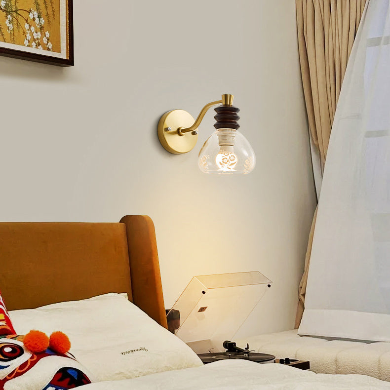 Contemporary Retro Semicircle Rubber Wood Iron Glass 1 - Light Wall Sconce Lamp For Bedroom