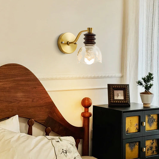 Contemporary Retro Semicircle Rubber Wood Iron Glass 1 - Light Wall Sconce Lamp For Bedroom