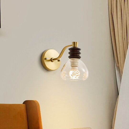 Contemporary Retro Semicircle Rubber Wood Iron Glass 1 - Light Wall Sconce Lamp For Bedroom