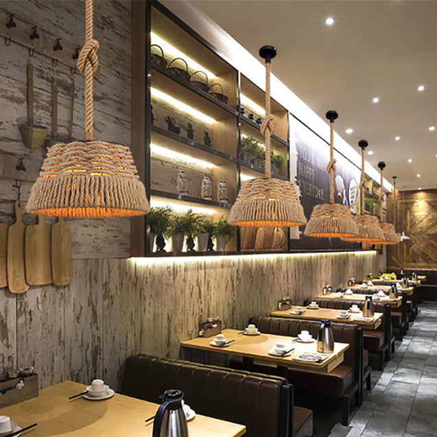 Contemporary Industrial Trapezoid Iron Hemp Rope Weaving 1 - Light Pendant Light For Dining Room