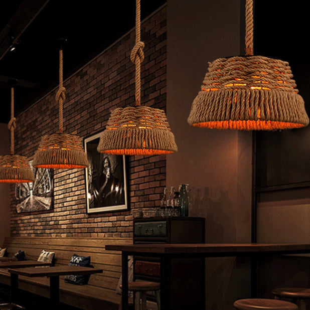 Contemporary Industrial Trapezoid Iron Hemp Rope Weaving 1 - Light Pendant Light For Dining Room