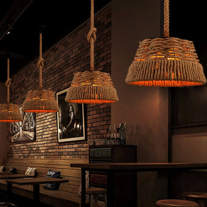 Contemporary Industrial Trapezoid Iron Hemp Rope Weaving 1 - Light Pendant Light For Dining Room