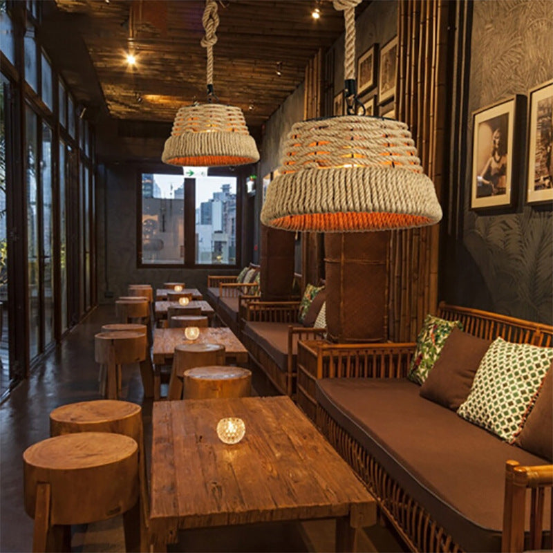 Contemporary Industrial Trapezoid Iron Hemp Rope Weaving 1 - Light Pendant Light For Dining Room