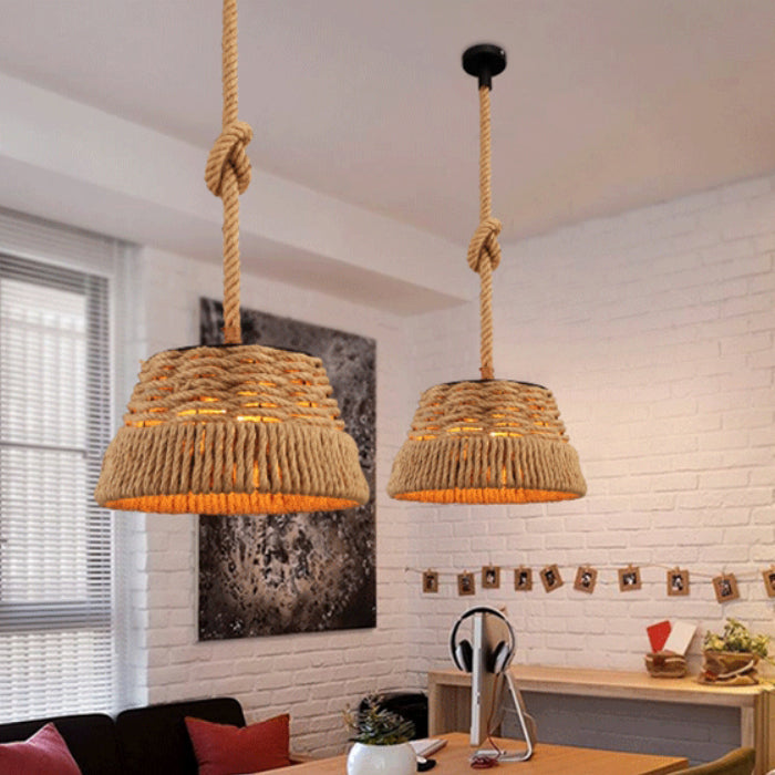 Contemporary Industrial Trapezoid Iron Hemp Rope Weaving 1 - Light Pendant Light For Dining Room
