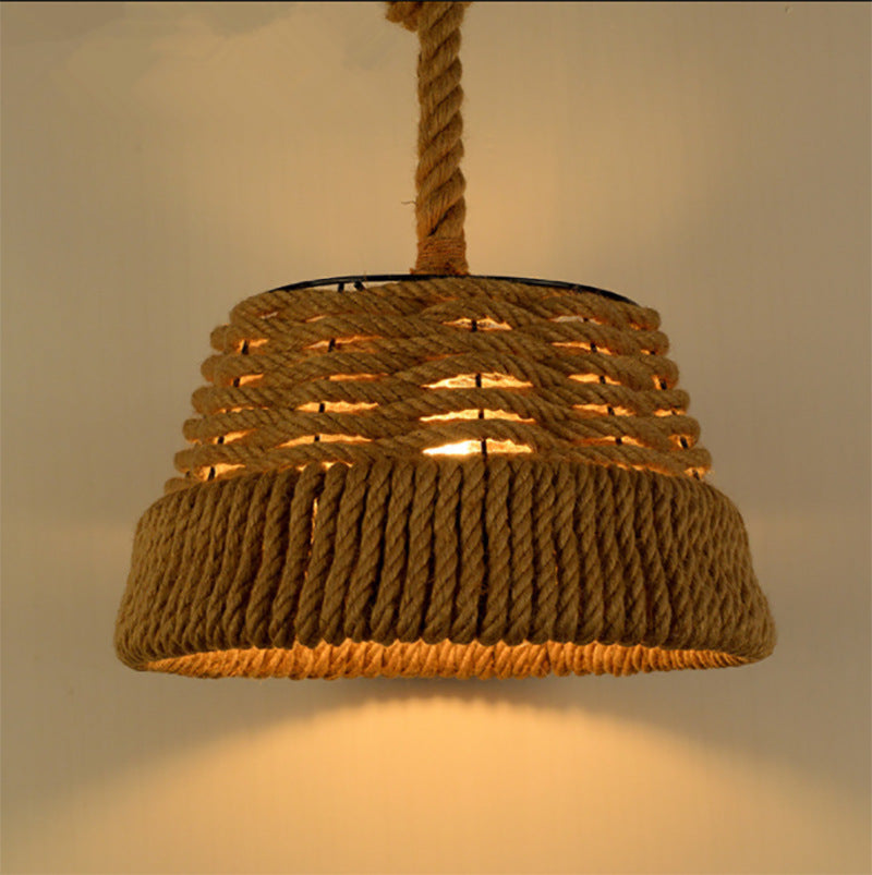 Contemporary Industrial Trapezoid Iron Hemp Rope Weaving 1 - Light Pendant Light For Dining Room