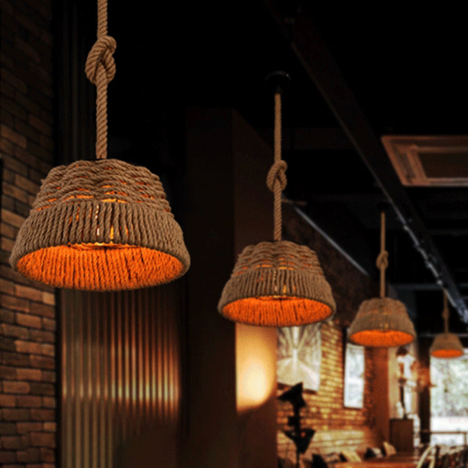 Contemporary Industrial Trapezoid Iron Hemp Rope Weaving 1 - Light Pendant Light For Dining Room