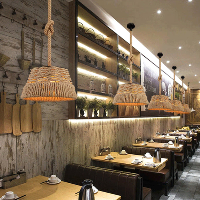 Contemporary Industrial Trapezoid Iron Hemp Rope Weaving 1 - Light Pendant Light For Dining Room
