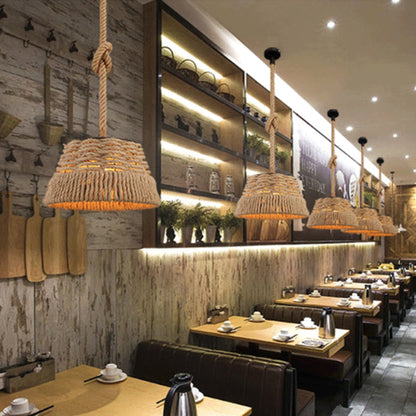 Contemporary Industrial Trapezoid Iron Hemp Rope Weaving 1 - Light Pendant Light For Dining Room