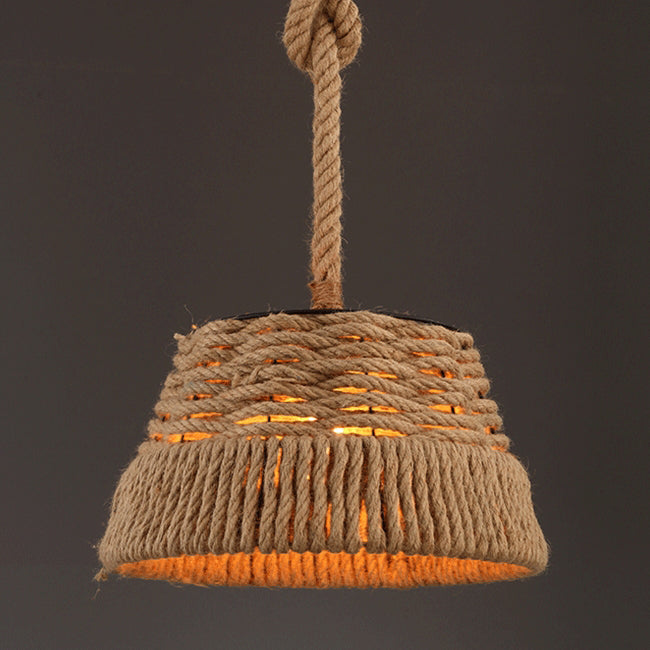 Contemporary Industrial Trapezoid Iron Hemp Rope Weaving 1 - Light Pendant Light For Dining Room