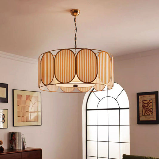 Traditional French Round Striped Floral Print Fabric Hardware 5 - Light Chandelier For Living Room