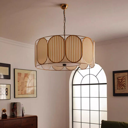 Traditional French Round Striped Floral Print Fabric Hardware 5 - Light Chandelier For Living Room