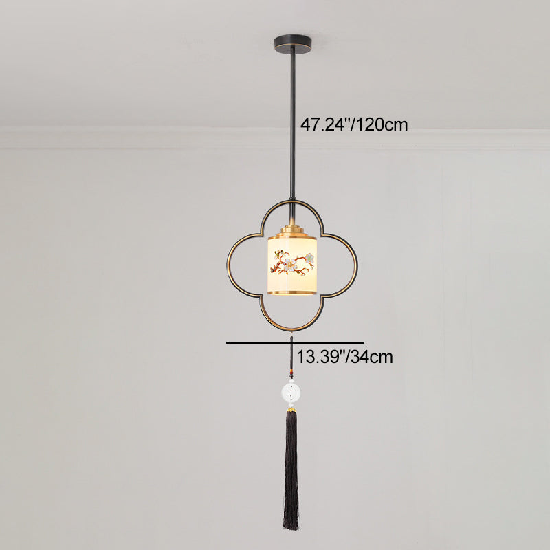 Traditional Chinese Four Leaf Clover Cylindrical Flower Print Zinc Alloy Copper Glass 1 - Light Pendant Light For Dining Room