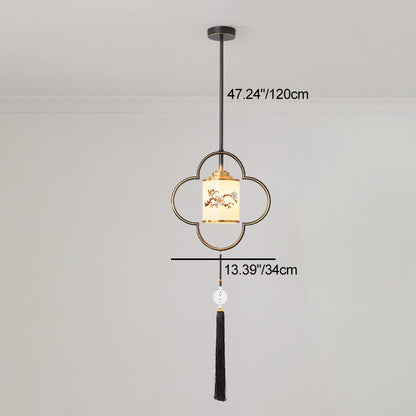 Traditional Chinese Four Leaf Clover Cylindrical Flower Print Zinc Alloy Copper Glass 1 - Light Pendant Light For Dining Room