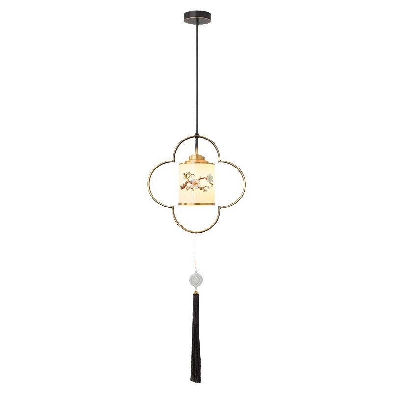 Traditional Chinese Four Leaf Clover Cylindrical Flower Print Zinc Alloy Copper Glass 1 - Light Pendant Light For Dining Room
