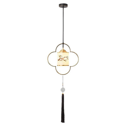 Traditional Chinese Four Leaf Clover Cylindrical Flower Print Zinc Alloy Copper Glass 1 - Light Pendant Light For Dining Room
