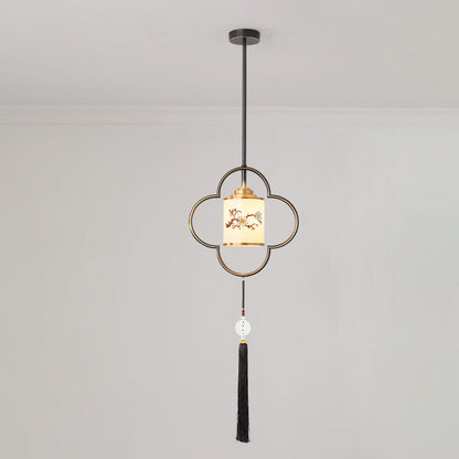 Traditional Chinese Four Leaf Clover Cylindrical Flower Print Zinc Alloy Copper Glass 1 - Light Pendant Light For Dining Room