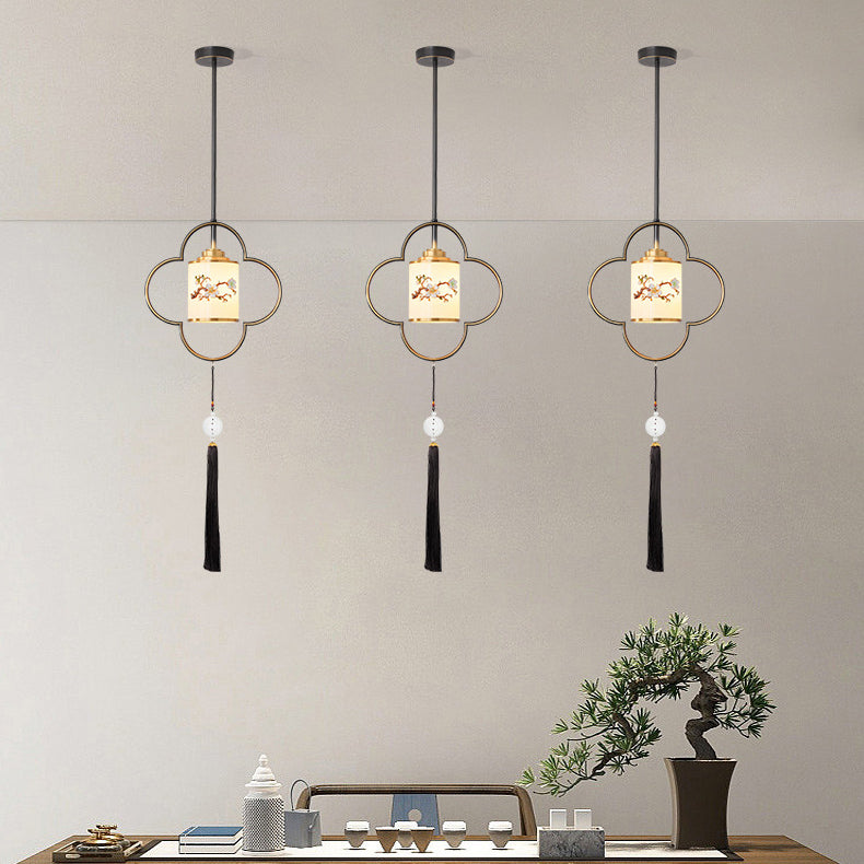 Traditional Chinese Four Leaf Clover Cylindrical Flower Print Zinc Alloy Copper Glass 1 - Light Pendant Light For Dining Room