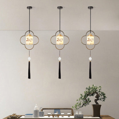 Traditional Chinese Four Leaf Clover Cylindrical Flower Print Zinc Alloy Copper Glass 1 - Light Pendant Light For Dining Room