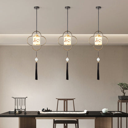 Traditional Chinese Four Leaf Clover Cylindrical Flower Print Zinc Alloy Copper Glass 1 - Light Pendant Light For Dining Room