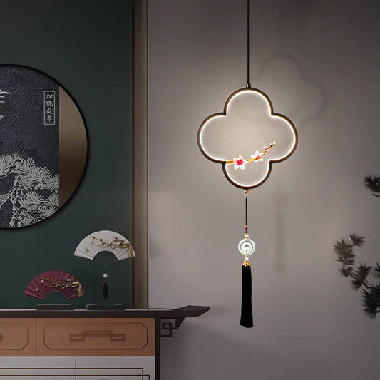 Traditional Chinese Four Leaf Clover Cylindrical Peach Blossom Zinc Alloy Copper LED Pendant Light For Bedroom