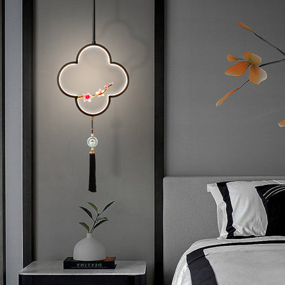Traditional Chinese Four Leaf Clover Cylindrical Peach Blossom Zinc Alloy Copper LED Pendant Light For Bedroom
