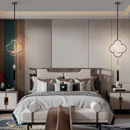 Traditional Chinese Four Leaf Clover Cylindrical Peach Blossom Zinc Alloy Copper LED Pendant Light For Bedroom