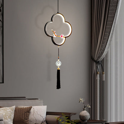 Traditional Chinese Four Leaf Clover Cylindrical Peach Blossom Zinc Alloy Copper LED Pendant Light For Bedroom
