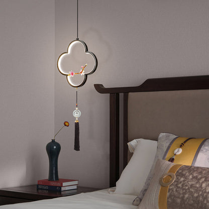 Traditional Chinese Four Leaf Clover Cylindrical Peach Blossom Zinc Alloy Copper LED Pendant Light For Bedroom