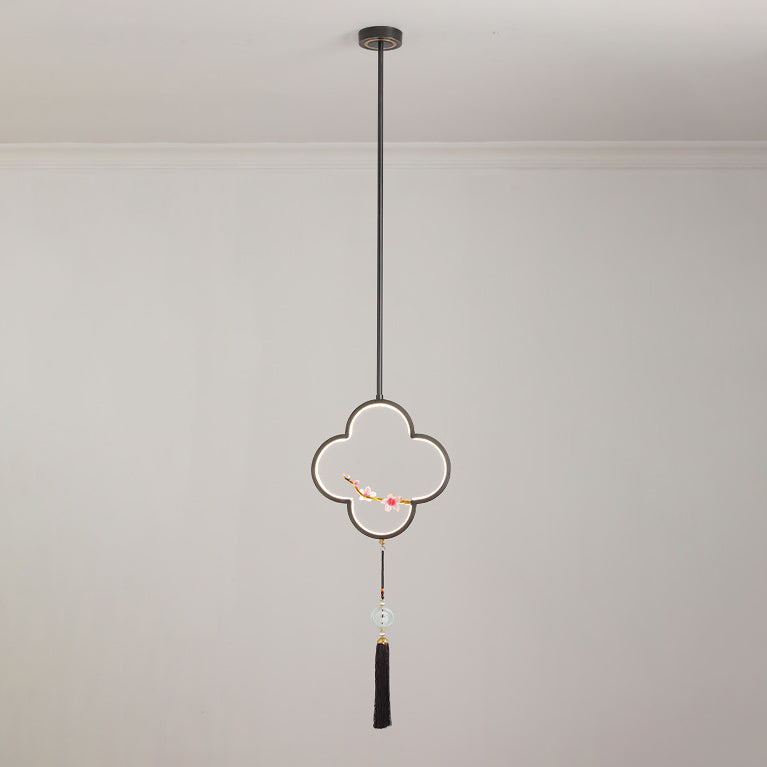 Traditional Chinese Four Leaf Clover Cylindrical Peach Blossom Zinc Alloy Copper LED Pendant Light For Bedroom