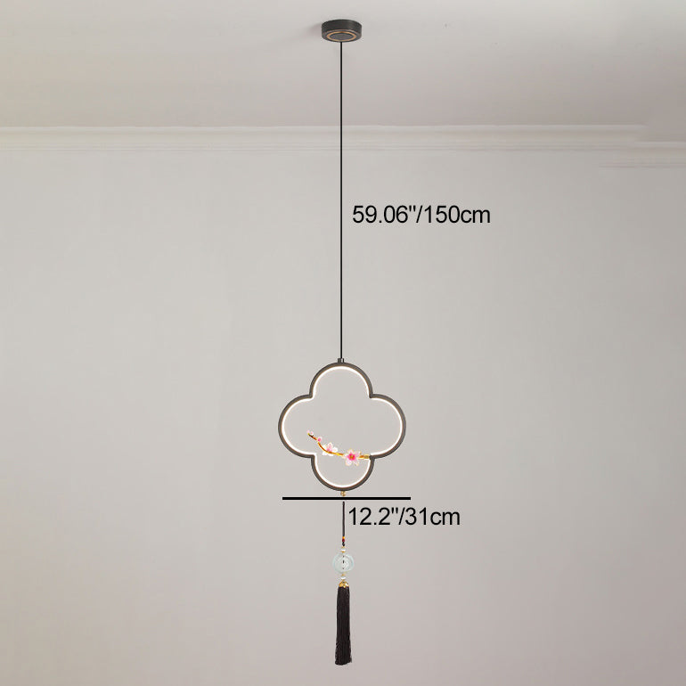 Traditional Chinese Four Leaf Clover Cylindrical Peach Blossom Zinc Alloy Copper LED Pendant Light For Bedroom