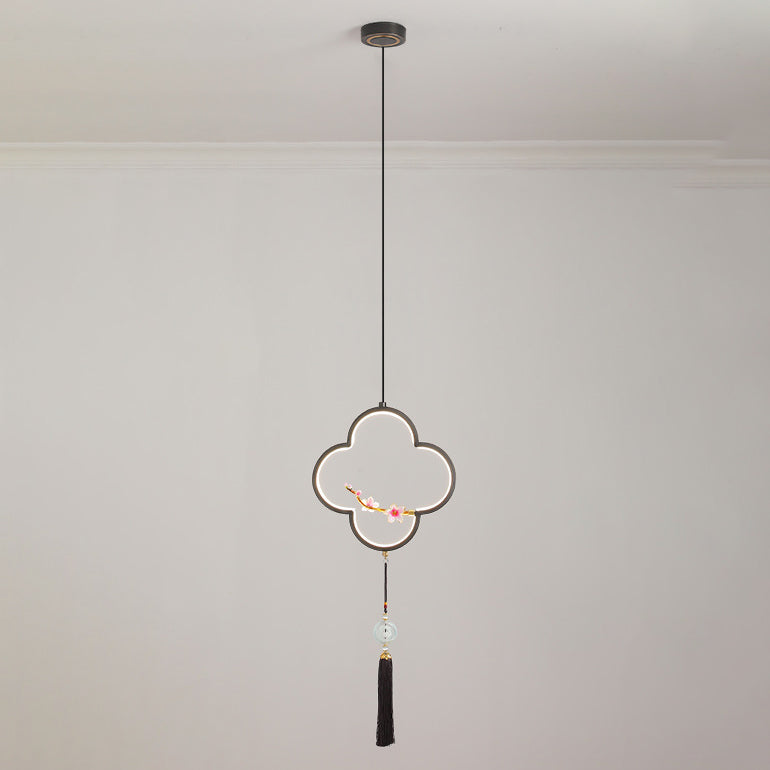 Traditional Chinese Four Leaf Clover Cylindrical Peach Blossom Zinc Alloy Copper LED Pendant Light For Bedroom