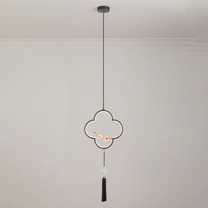 Traditional Chinese Four Leaf Clover Cylindrical Peach Blossom Zinc Alloy Copper LED Pendant Light For Bedroom