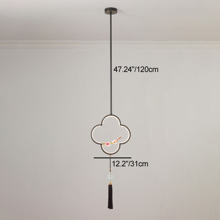 Traditional Chinese Four Leaf Clover Cylindrical Peach Blossom Zinc Alloy Copper LED Pendant Light For Bedroom