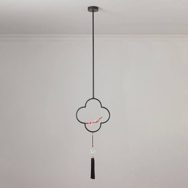 Traditional Chinese Four Leaf Clover Cylindrical Peach Blossom Zinc Alloy Copper LED Pendant Light For Bedroom